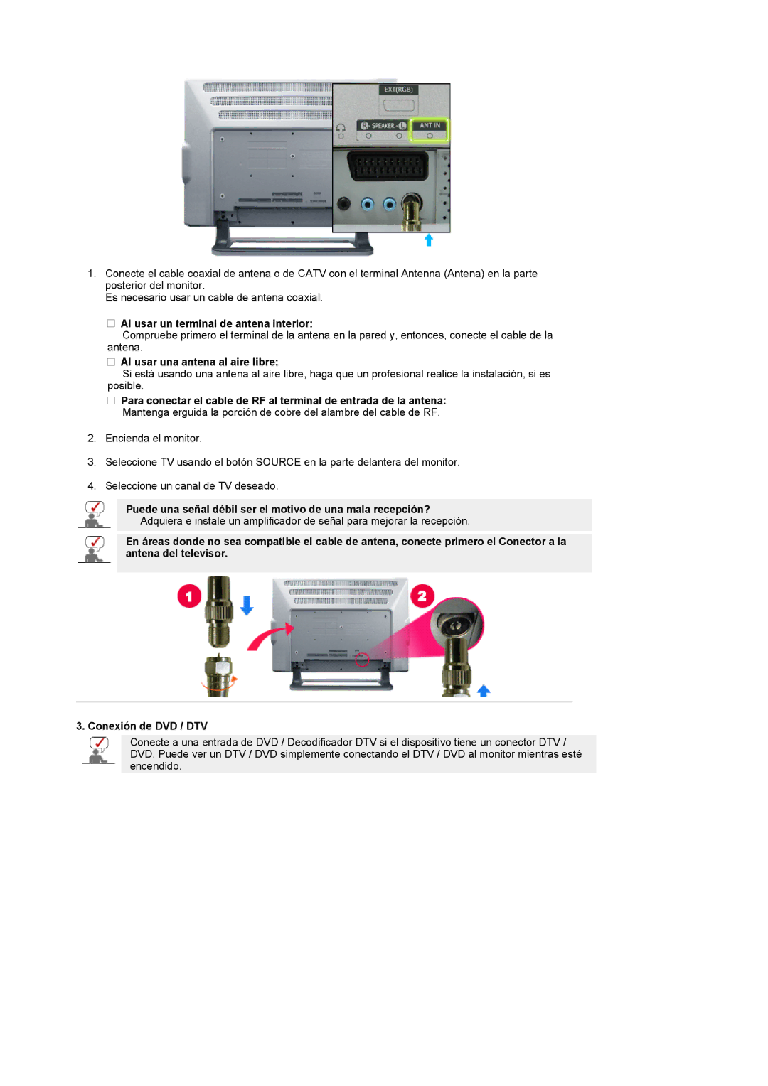 Samsung PO24FSSSS/EDC, LG24POFSSS/EDC manual Al usar un terminal de antena interior, Al usar una antena al aire libre 