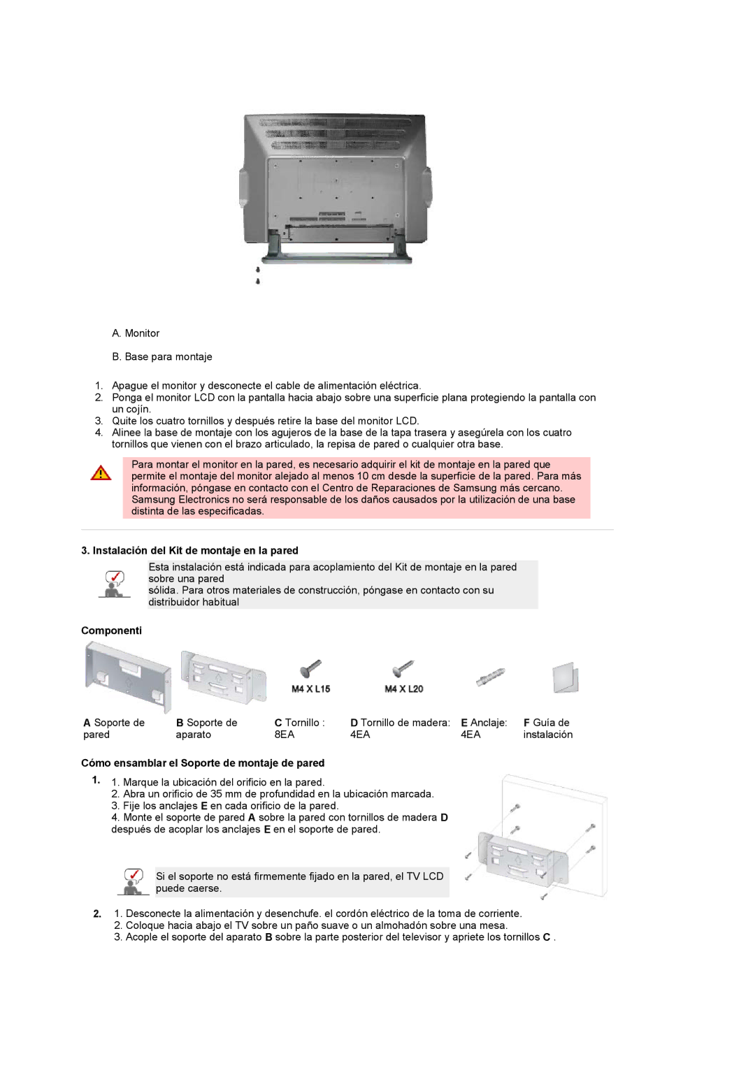 Samsung LG24POFSSS/EDC, PO24FSSSS/EDC manual Instalación del Kit de montaje en la pared, Componenti 