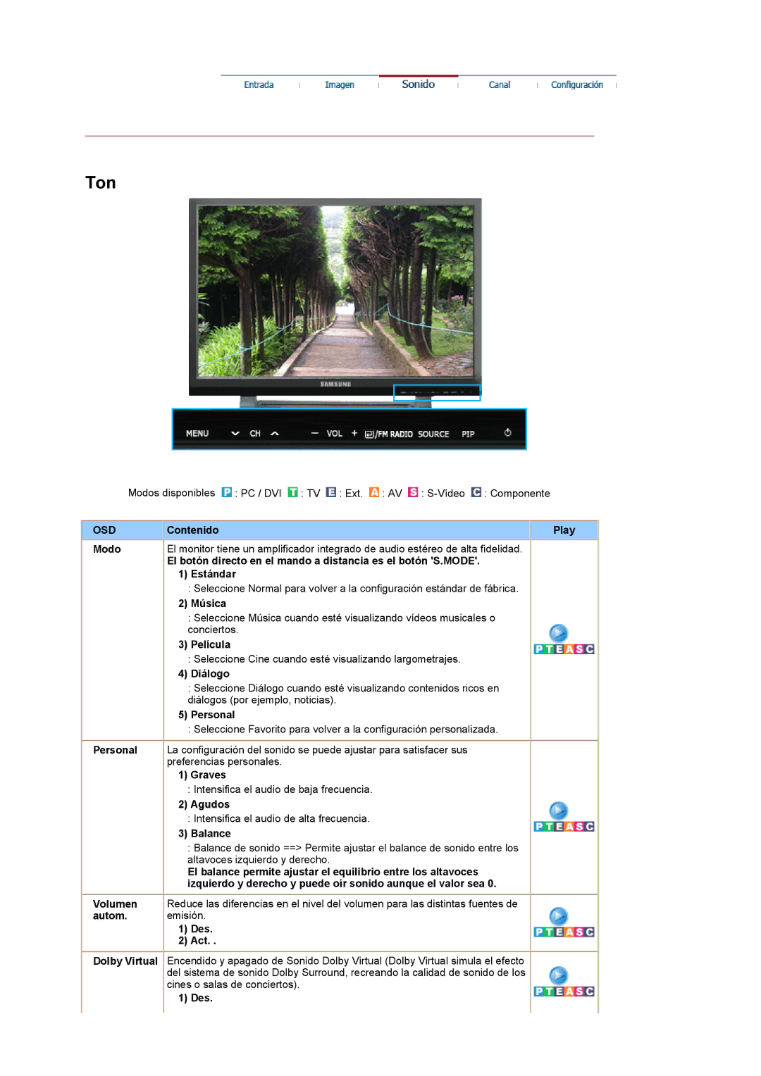 Samsung PO24FSSSS/EDC, LG24POFSSS/EDC manual Música, Diálogo, Graves, Agudos, Balance, Des Act 