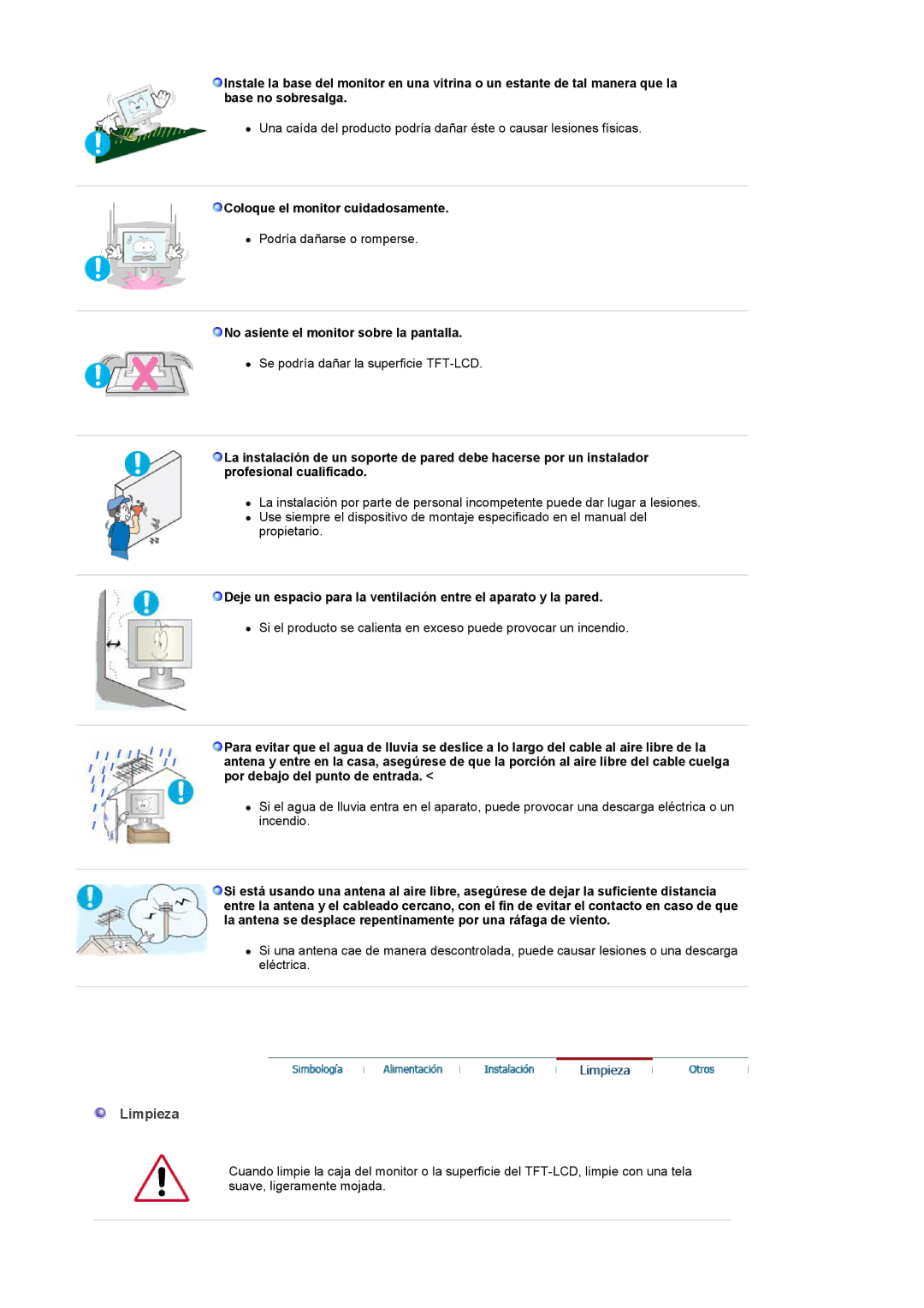 Samsung PO24FSSSS/EDC, LG24POFSSS/EDC Limpieza, Coloque el monitor cuidadosamente, No asiente el monitor sobre la pantalla 