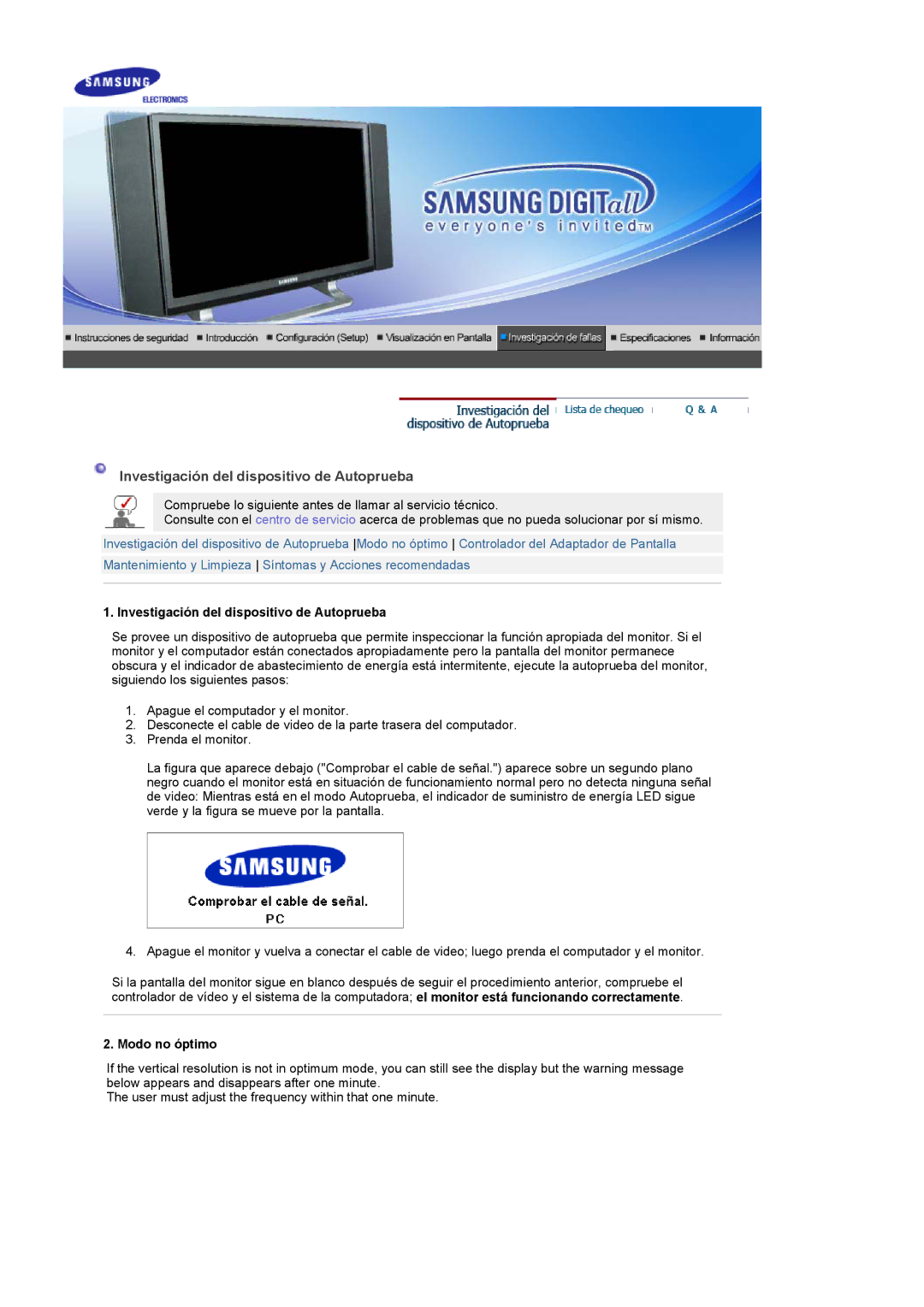 Samsung LG24POFSSS/EDC, PO24FSSSS/EDC manual Investigación del dispositivo de Autoprueba, Modo no óptimo 