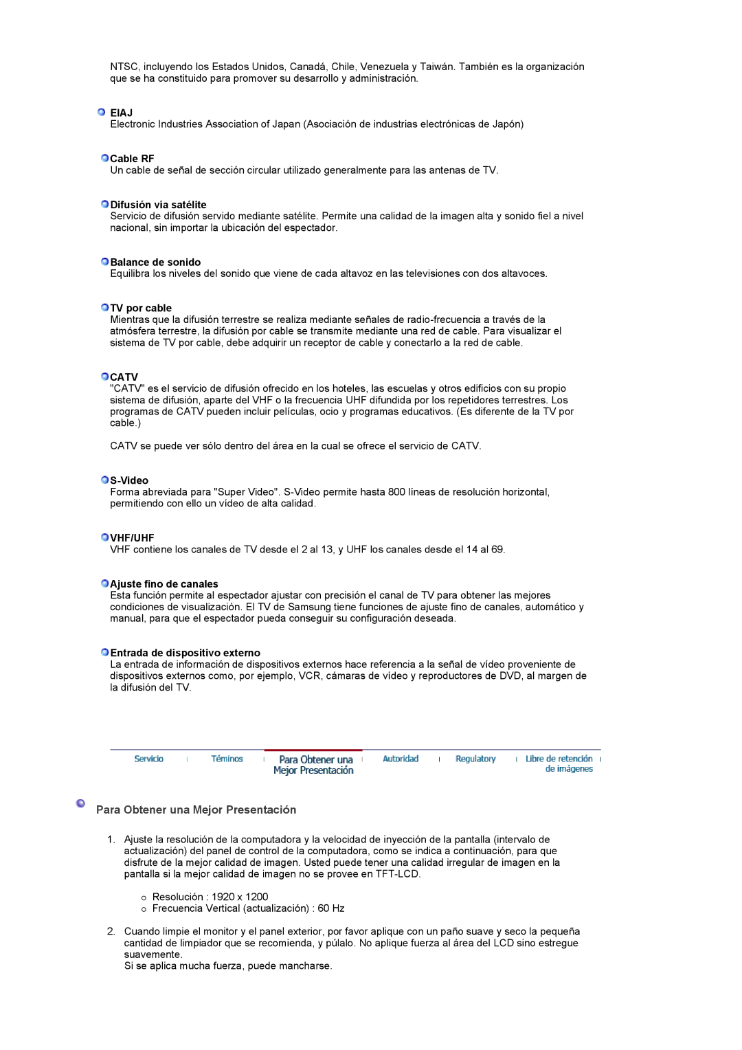 Samsung PO24FSSSS/EDC, LG24POFSSS/EDC manual Para Obtener una Mejor Presentación, Eiaj, Catv, Vhf/Uhf 