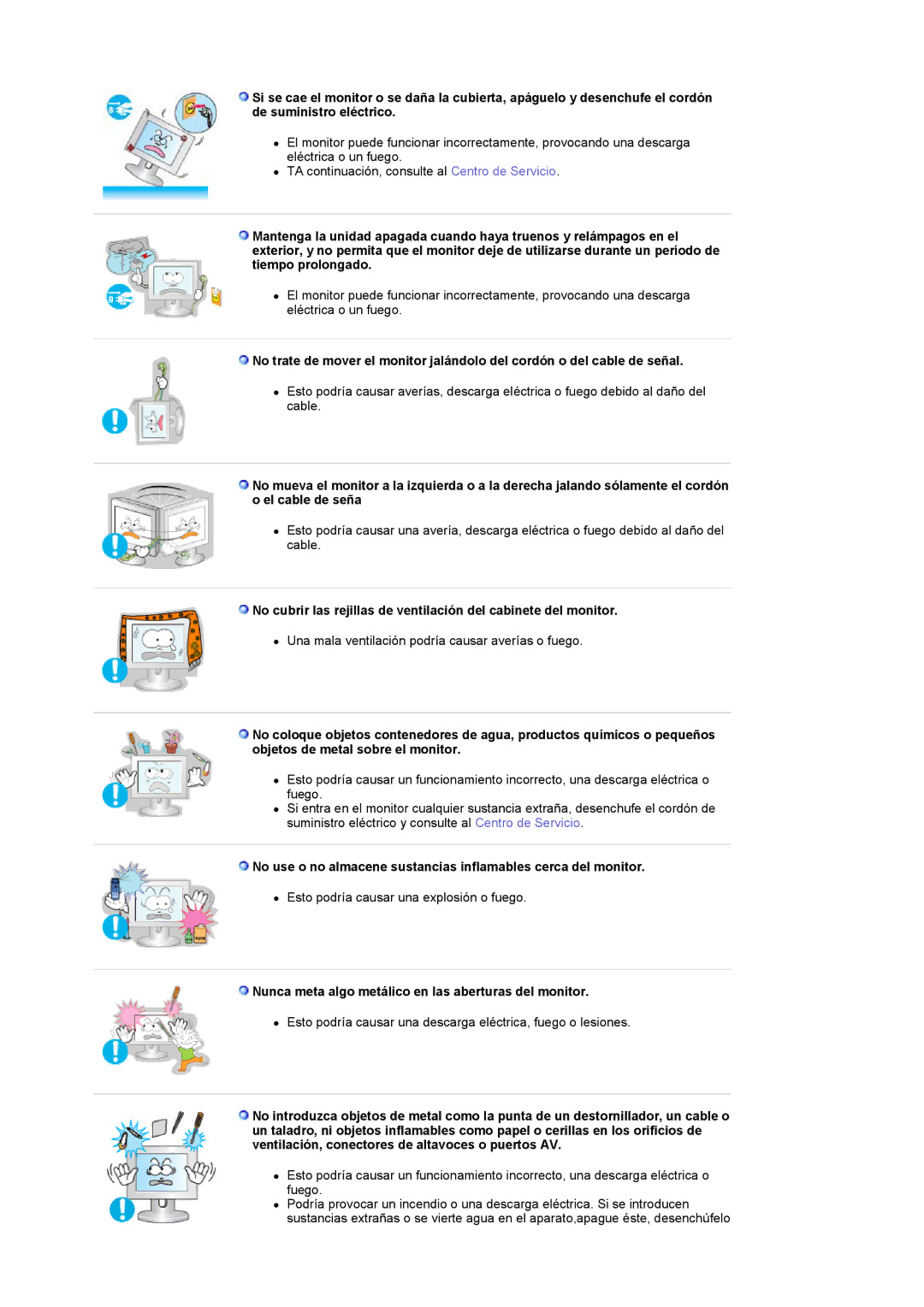 Samsung PO24FSSSS/EDC, LG24POFSSS/EDC manual Nunca meta algo metálico en las aberturas del monitor 