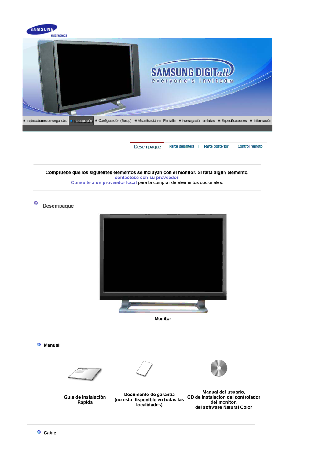 Samsung LG24POFSSS/EDC, PO24FSSSS/EDC manual Desempaque, Monitor Manual, Rápida, Cable 