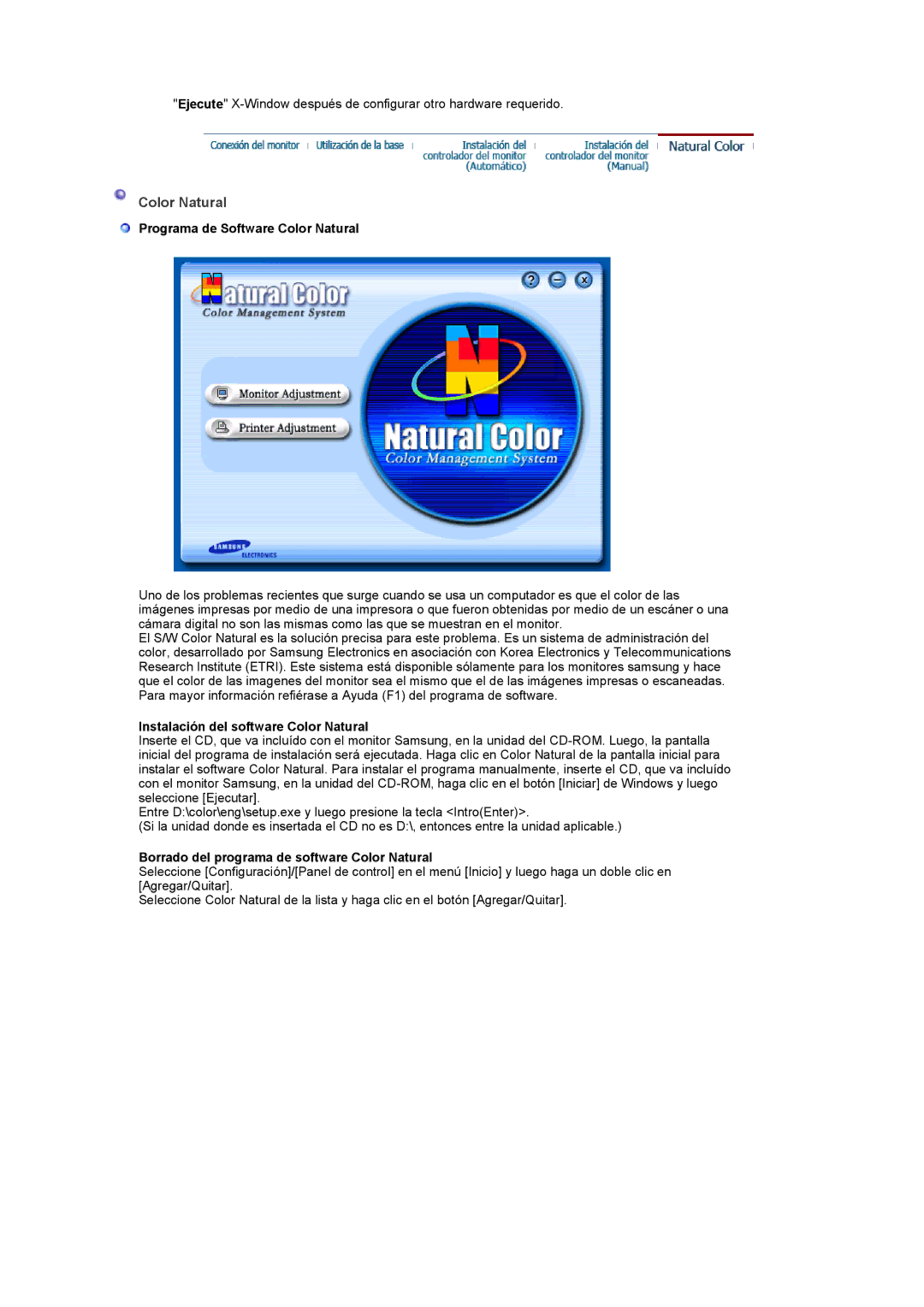 Samsung PO24FSSSS/EDC, LG24POFSSS/EDC manual Programa de Software Color Natural, Instalación del software Color Natural 