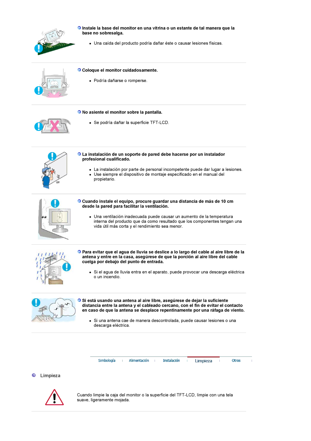 Samsung PO24FSSSS/EDC, LG24POFSSS/EDC Limpieza, Coloque el monitor cuidadosamente, No asiente el monitor sobre la pantalla 