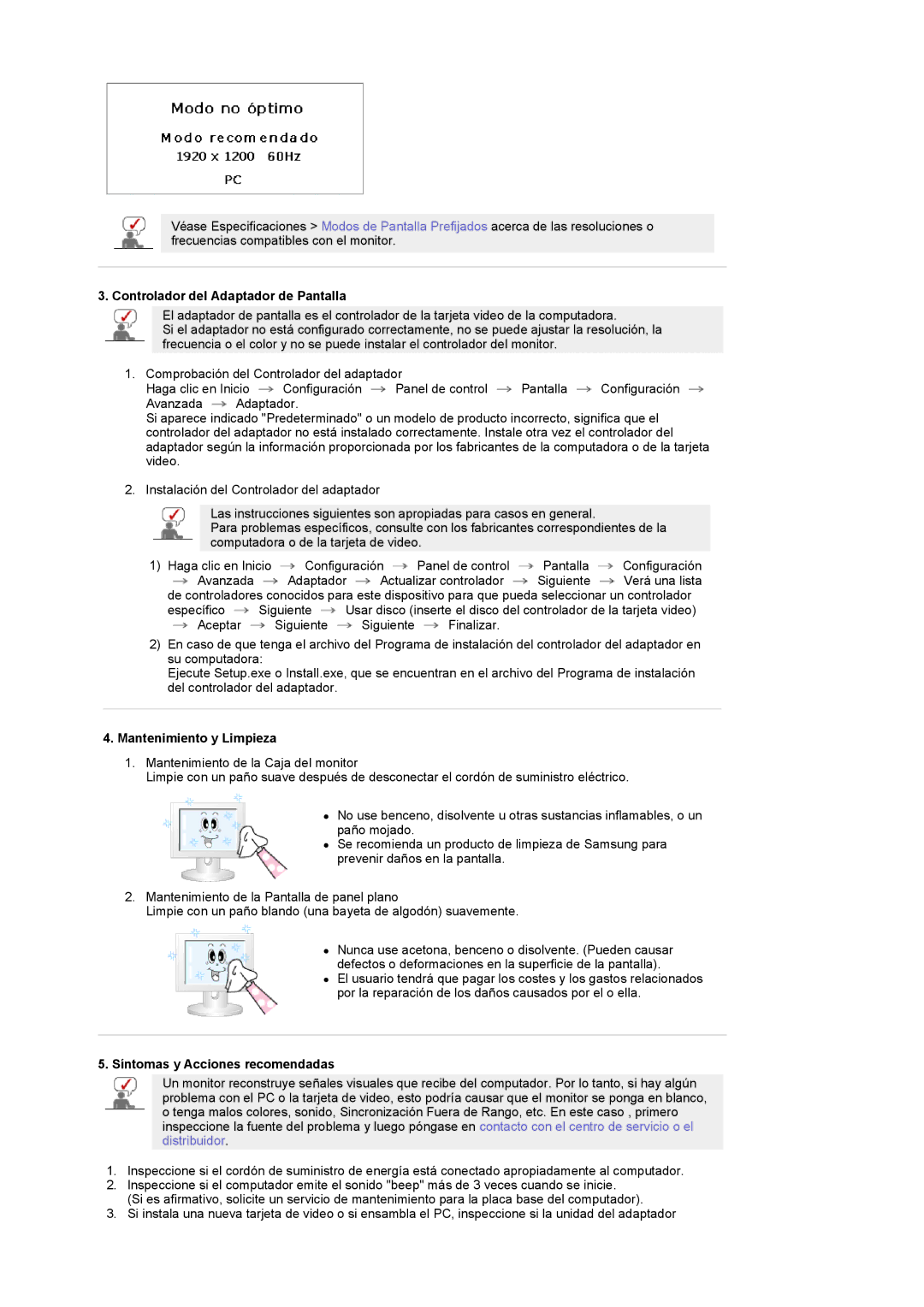 Samsung PO24FSSSS/EDC Controlador del Adaptador de Pantalla, Mantenimiento y Limpieza, Síntomas y Acciones recomendadas 