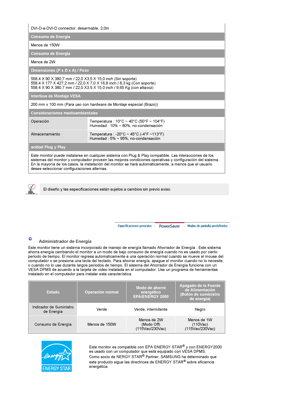 Samsung LG24POFSSS/EDC, PO24FSSSS/EDC manual Administrador de Energía, Dimensiones P x D x a / Peso 