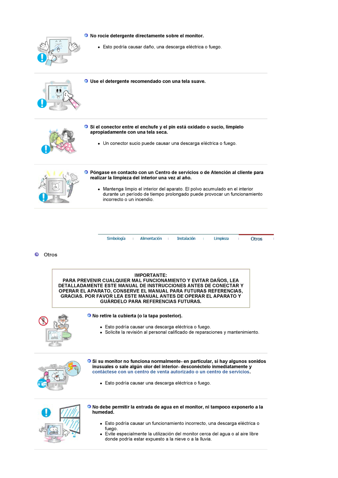 Samsung LG24POFSSS/EDC Otros, No rocíe detergente directamente sobre el monitor, No retire la cubierta o la tapa posterior 