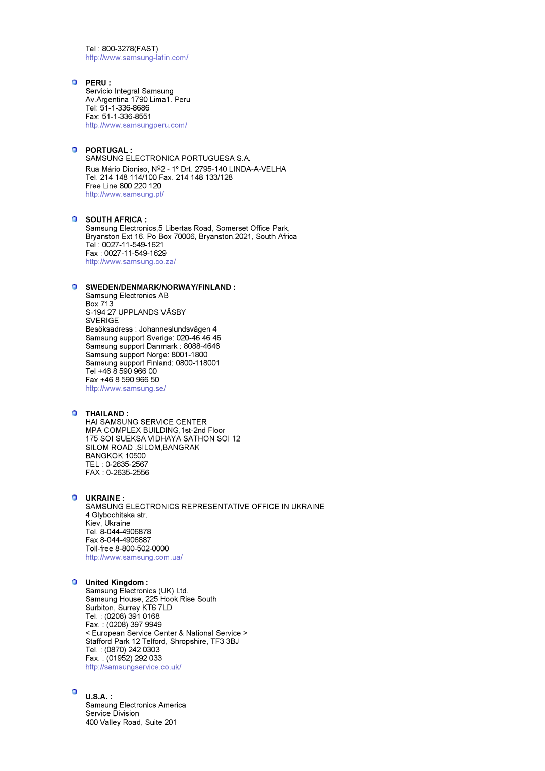 Samsung PO24FSSSS/EDC, LG24POFSSS/EDC manual Peru, Portugal, South Africa, Sweden/Denmark/Norway/Finland, Thailand, Ukraine 