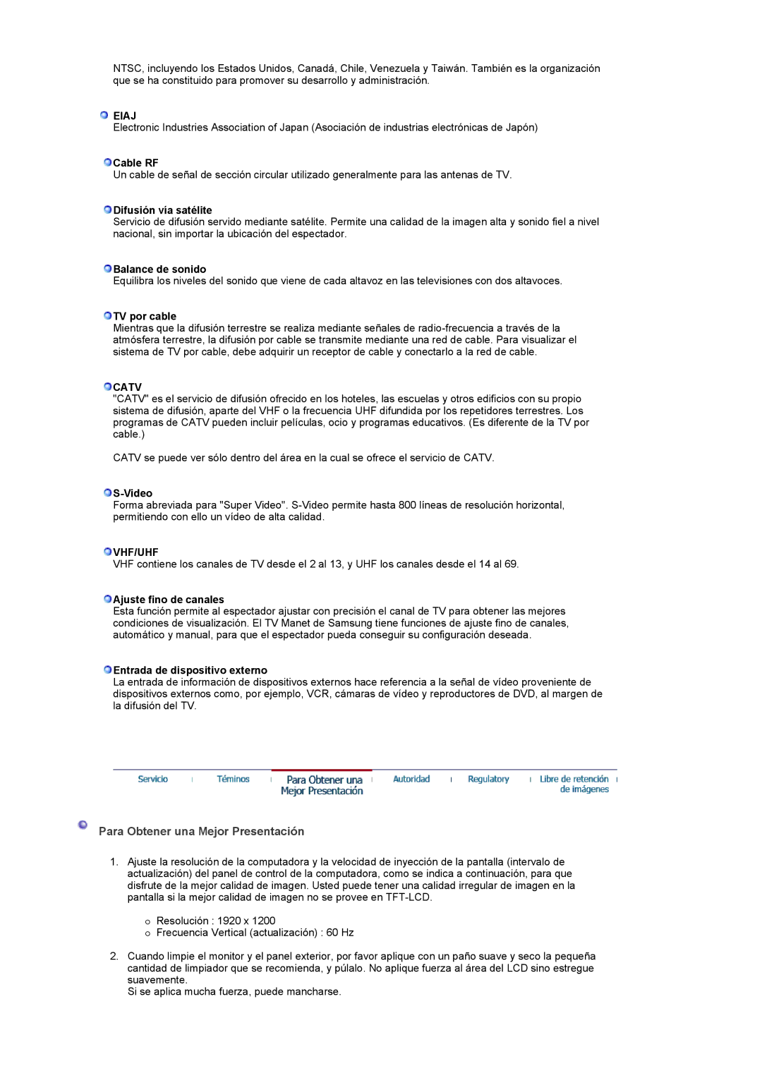 Samsung PO24FSSSS/EDC, LG24POFSSS/EDC manual Para Obtener una Mejor Presentación, Eiaj, Catv, Vhf/Uhf 
