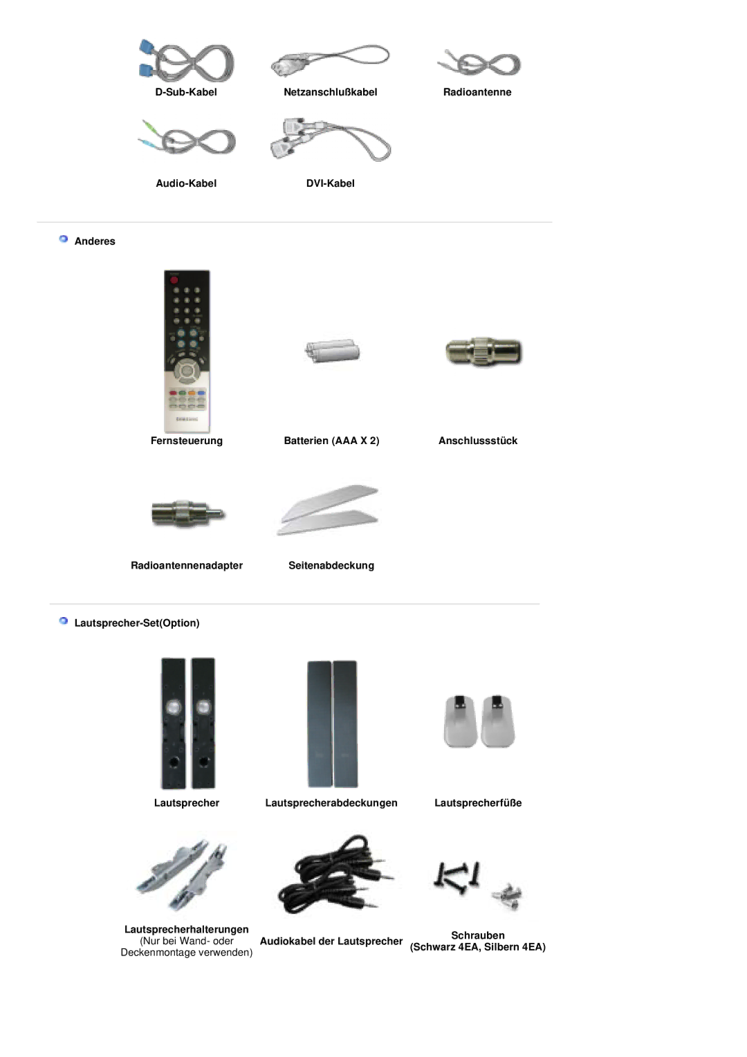 Samsung PO24FSSSS/EDC manual Sub-Kabel Netzanschlußkabel, Audio-KabelDVI-Kabel Anderes Fernsteuerung Batterien AAA X 