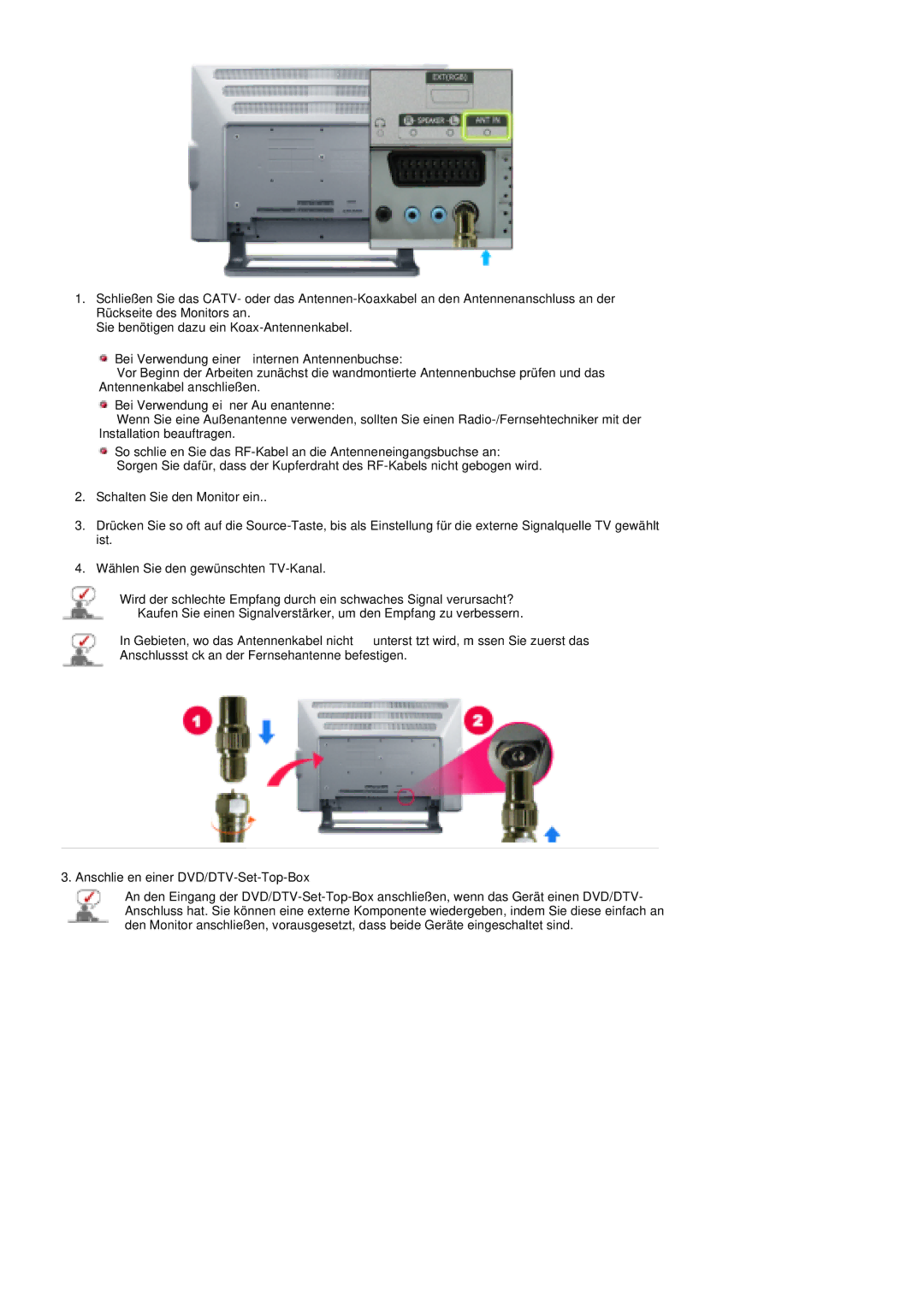 Samsung PO24FSSSS/EDC manual Bei Verwendung einer internen Antennenbuchse, Bei Verwendung einer Außenantenne 