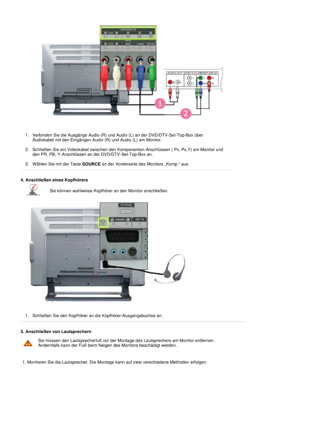 Samsung PO24FSSSS/EDC manual Anschließen eines Kopfhörers, Anschließen von Lautsprechern 