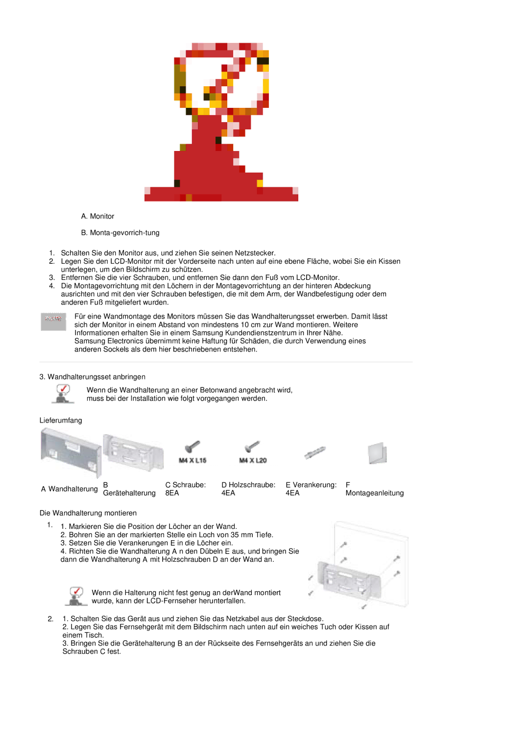 Samsung PO24FSSSS/EDC manual Wandhalterungsset anbringen, Lieferumfang, Die Wandhalterung montieren 