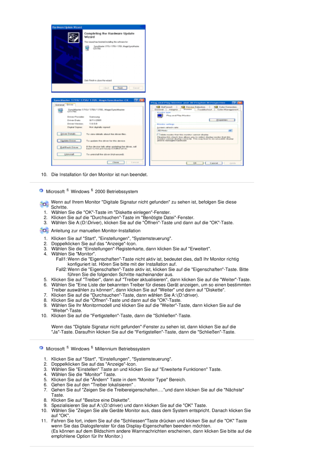 Samsung PO24FSSSS/EDC manual Anleitung zur manuellen Monitor-Installation, Microsoft Windows Millennium Betriebssystem 
