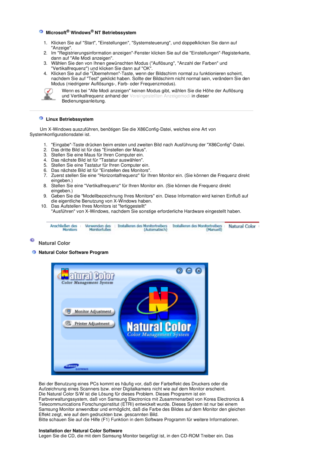 Samsung PO24FSSSS/EDC manual Natural Color, Microsoft Windows NT Betriebssystem, Linux Betriebssystem 