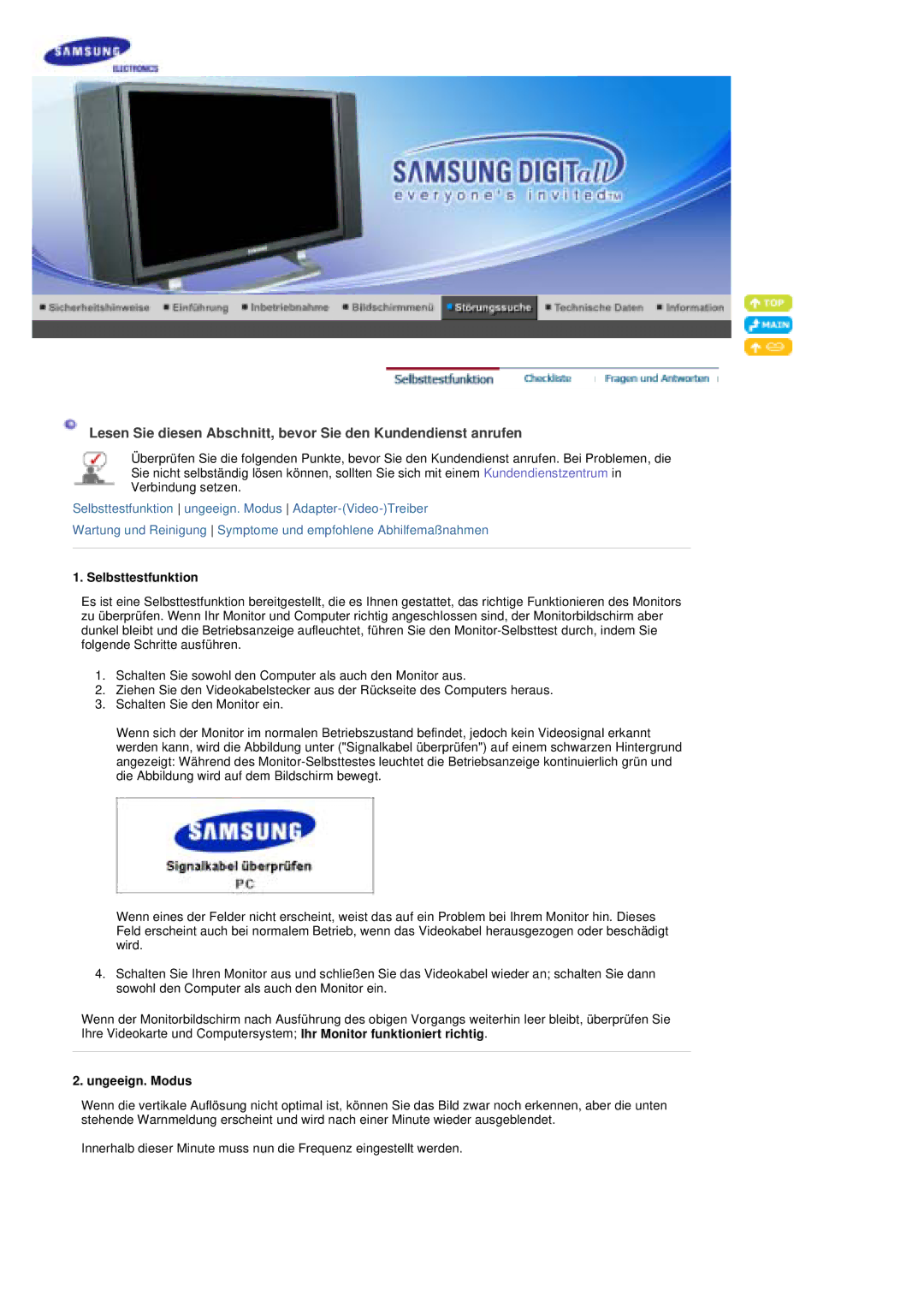 Samsung PO24FSSSS/EDC manual Selbsttestfunktion, Ungeeign. Modus 