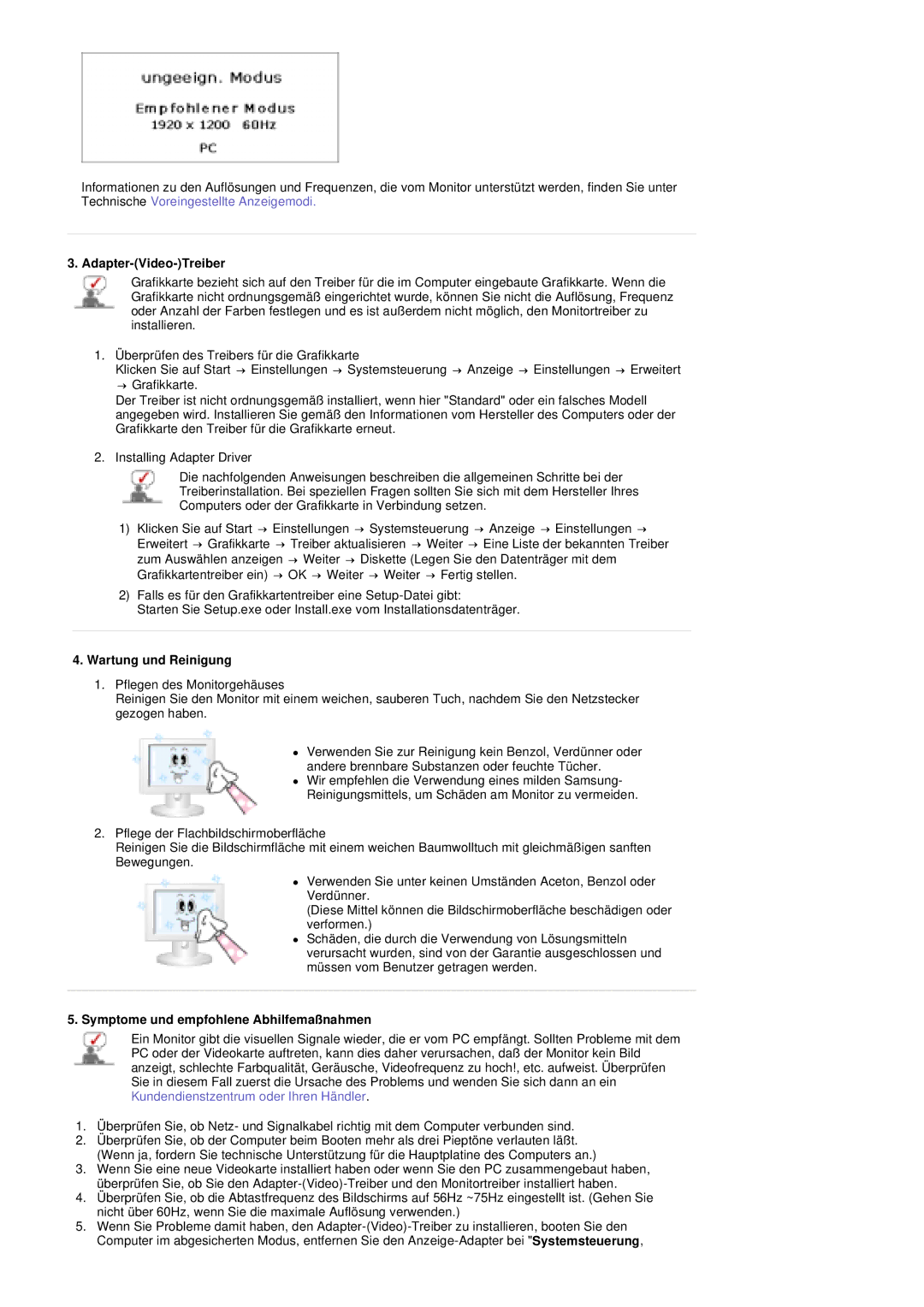 Samsung PO24FSSSS/EDC manual Adapter-Video-Treiber, Wartung und Reinigung, Symptome und empfohlene Abhilfemaßnahmen 