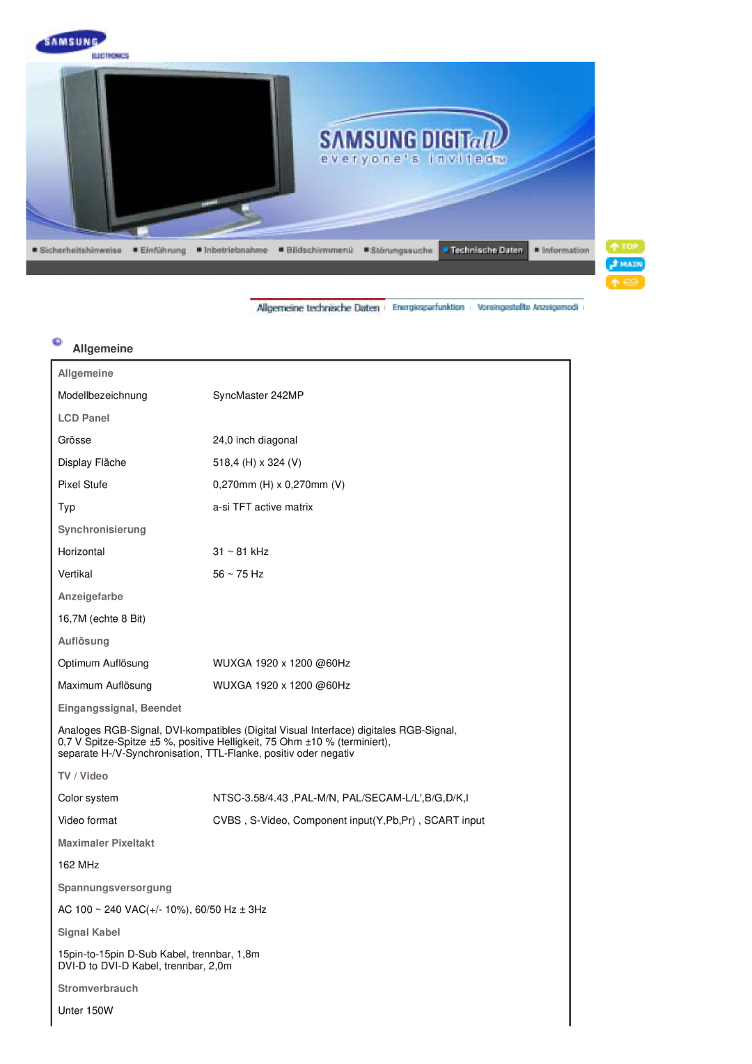 Samsung PO24FSSSS/EDC manual Allgemeine, LCD Panel 