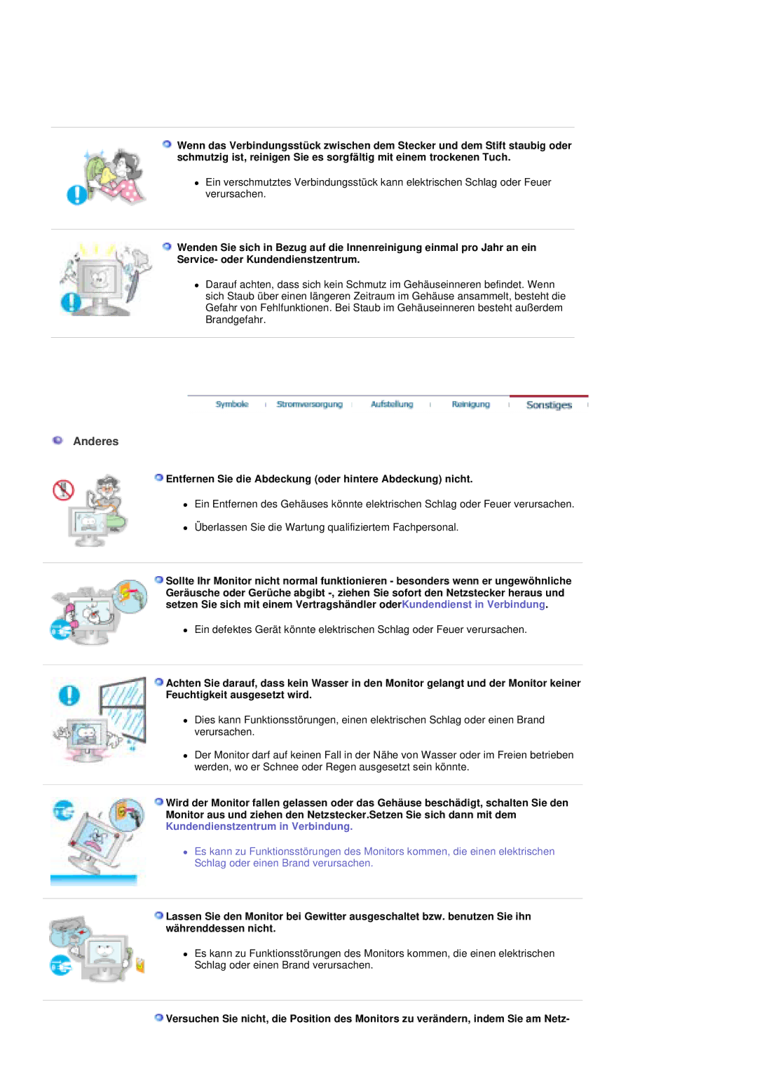 Samsung PO24FSSSS/EDC manual Anderes, Entfernen Sie die Abdeckung oder hintere Abdeckung nicht 