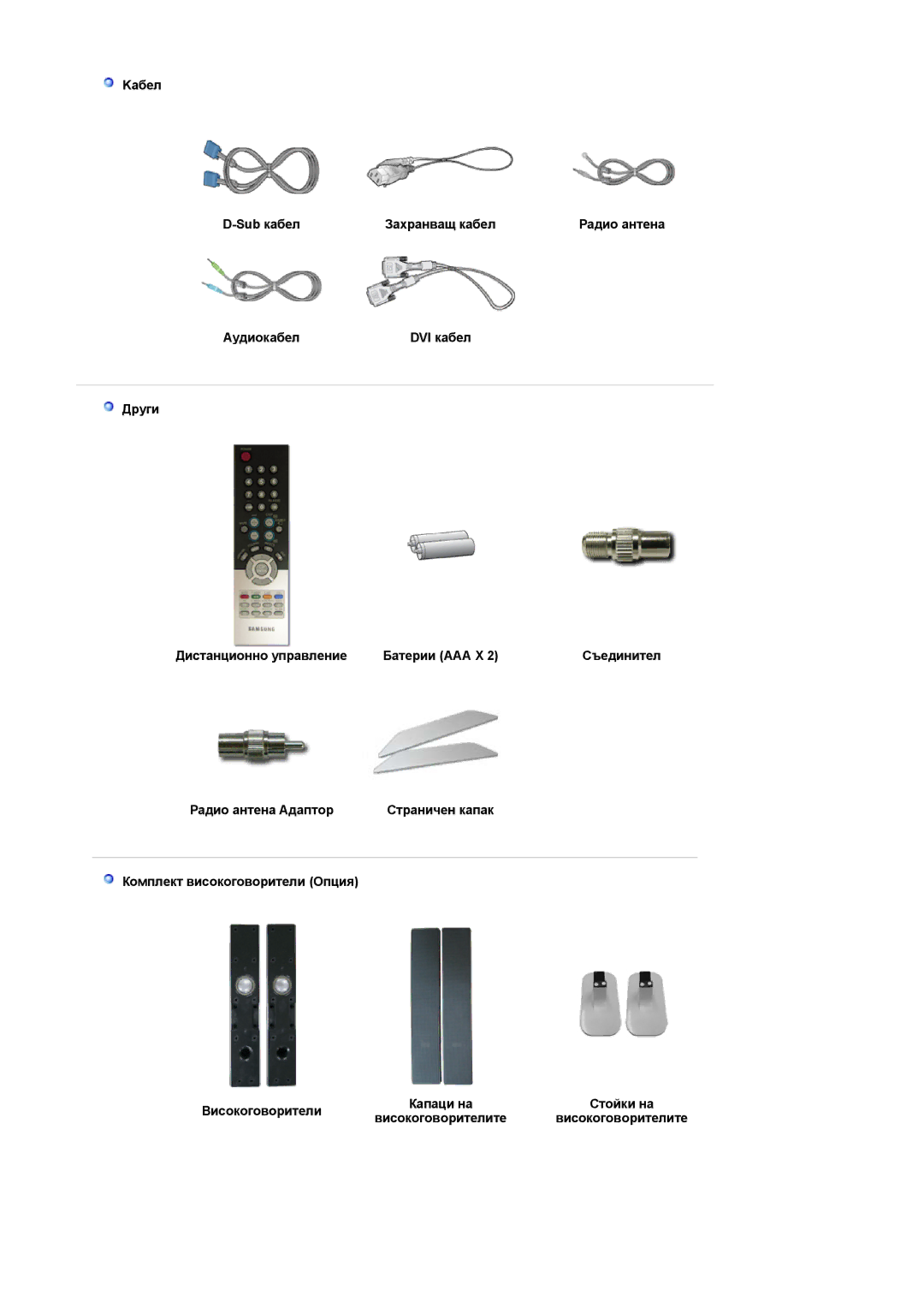 Samsung PO24FSSSS/EDC manual Kабел Sub кабел Захранващ кабел, Аудиокабел, Други Дистанционно управление Батерии AAA X 