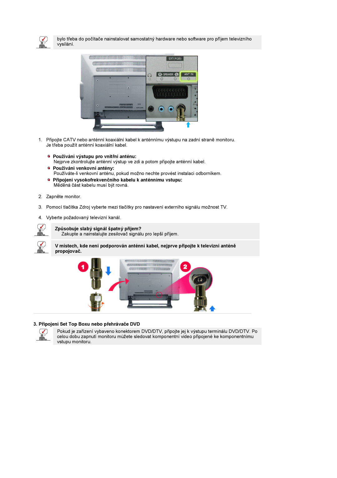 Samsung PO24FSSSS/EDC manual Používání výstupu pro vnitřní anténu, Používání venkovní antény 