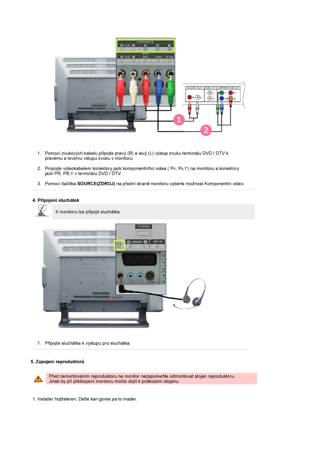 Samsung PO24FSSSS/EDC manual Připojení sluchátek, Zapojení reproduktorů 