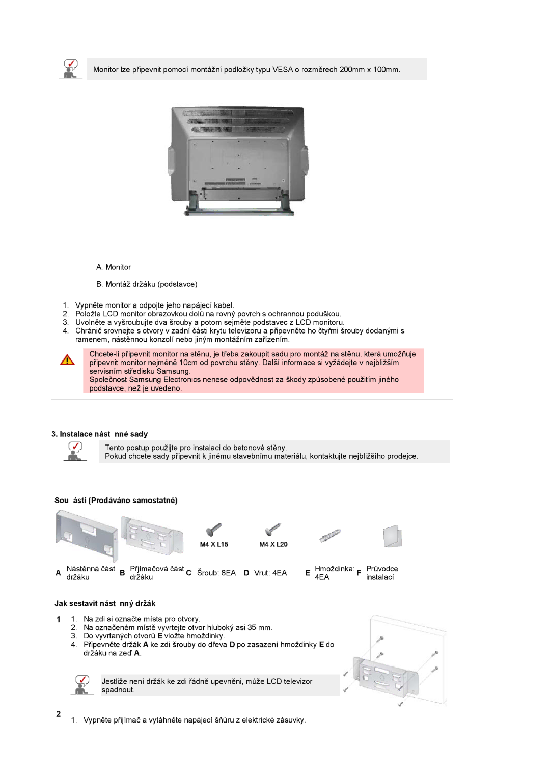 Samsung PO24FSSSS/EDC manual Instalace nástěnné sady, Součásti Prodáváno samostatné, Jak sestavit nástěnný držák 