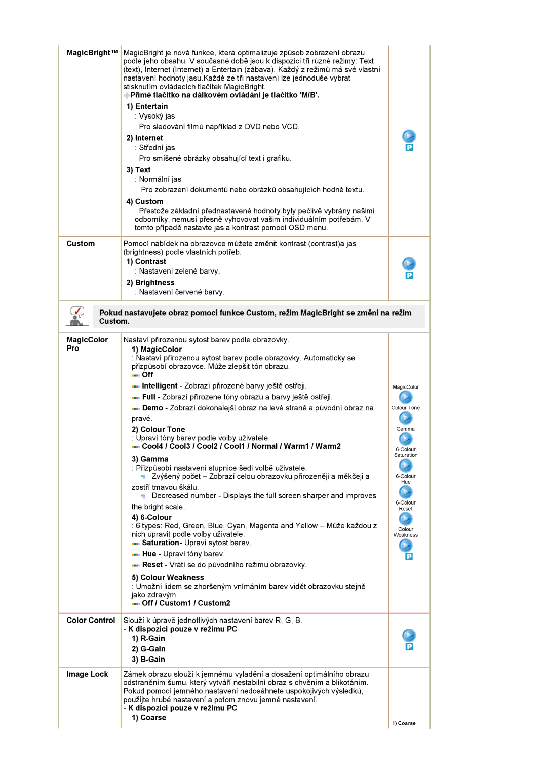 Samsung PO24FSSSS/EDC manual Internet, Text, Custom, Contrast, Brightness, Pro MagicColor, Off, Colour Tone, Gamma 