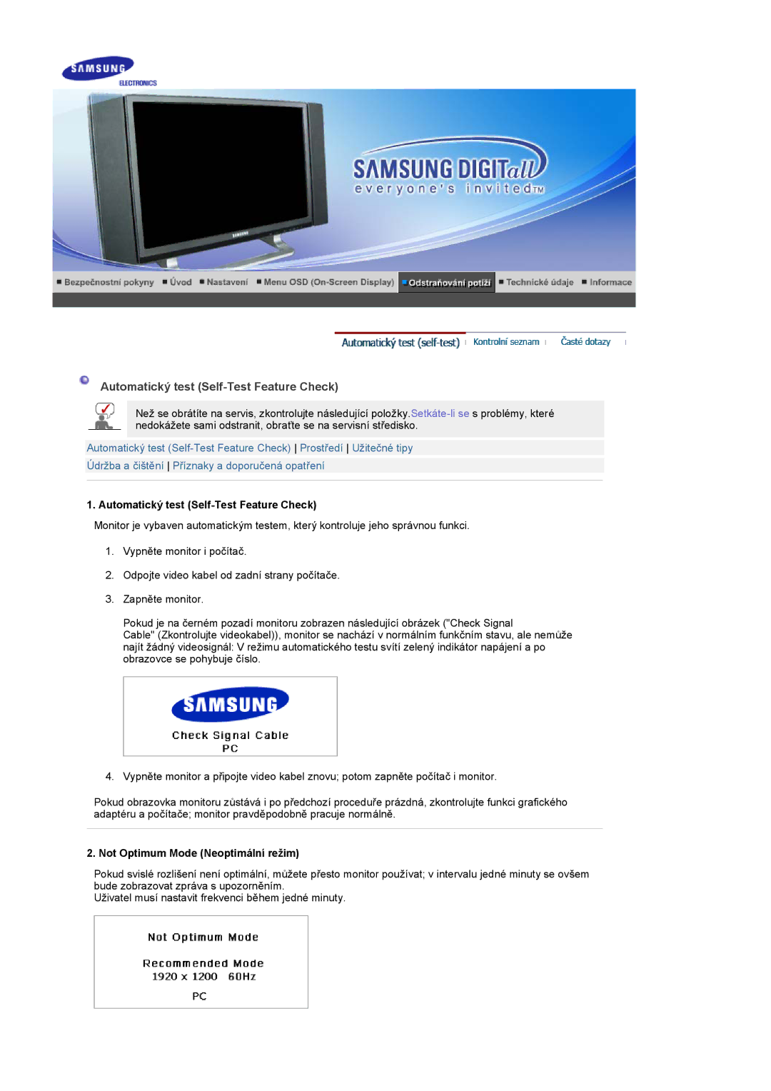 Samsung PO24FSSSS/EDC manual Automatický test Self-Test Feature Check, Not Optimum Mode Neoptimální režim 