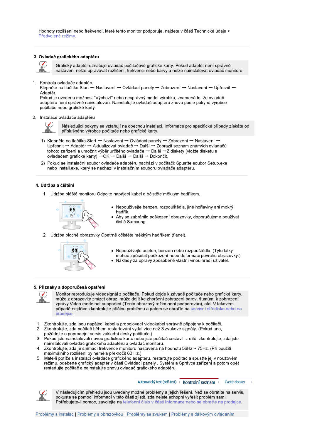 Samsung PO24FSSSS/EDC manual Ovladač grafického adaptéru, Údržba a čištění, Příznaky a doporučená opatření 