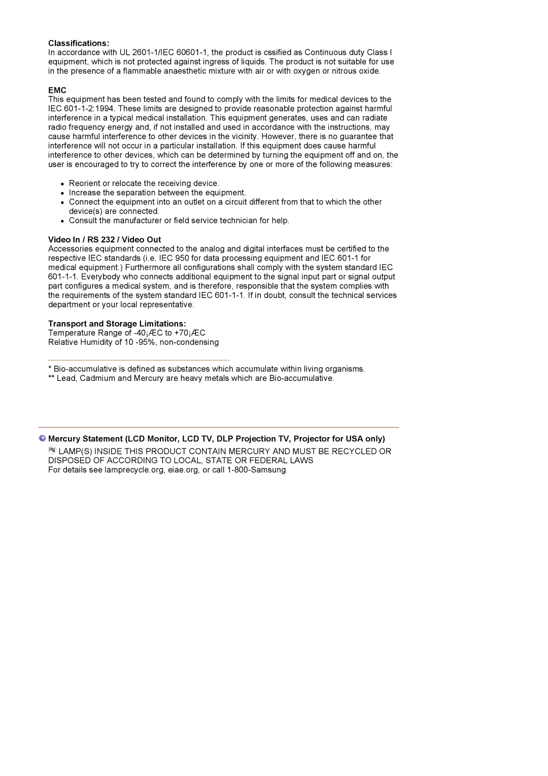 Samsung PO24FSSSS/EDC manual Classifications, Video In / RS 232 / Video Out, Transport and Storage Limitations 