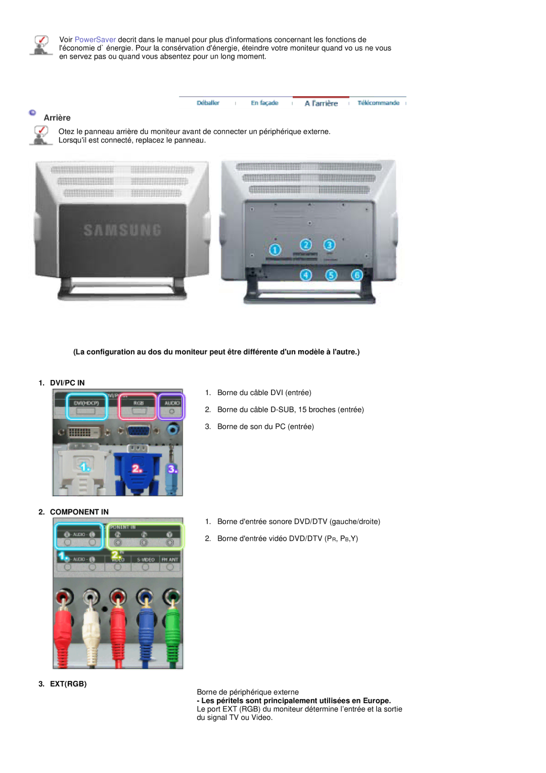 Samsung PO24FSSSS/EDC manual Arrière, Dvi/Pc, Component, Extrgb 