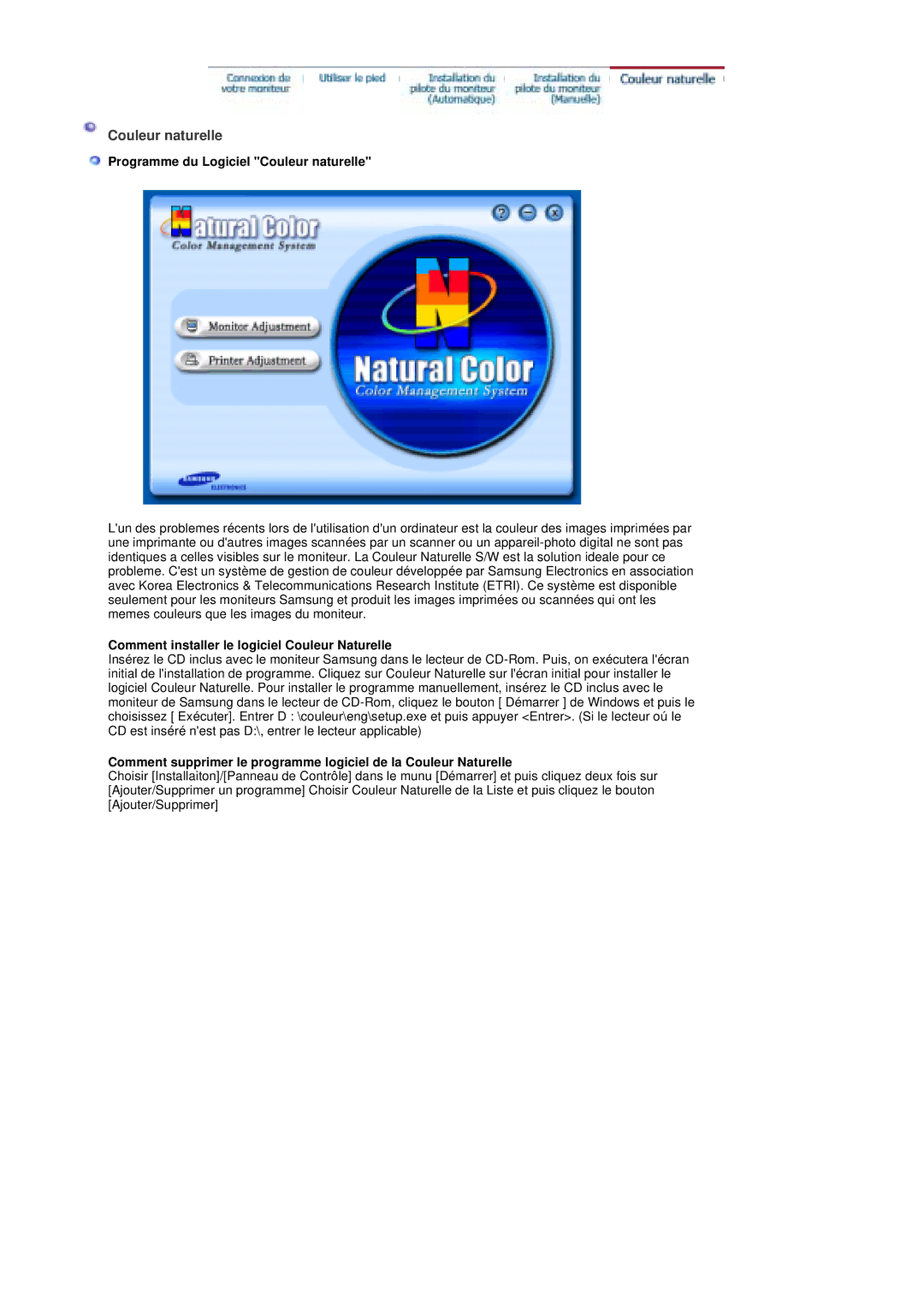 Samsung PO24FSSSS/EDC manual Programme du Logiciel Couleur naturelle, Comment installer le logiciel Couleur Naturelle 