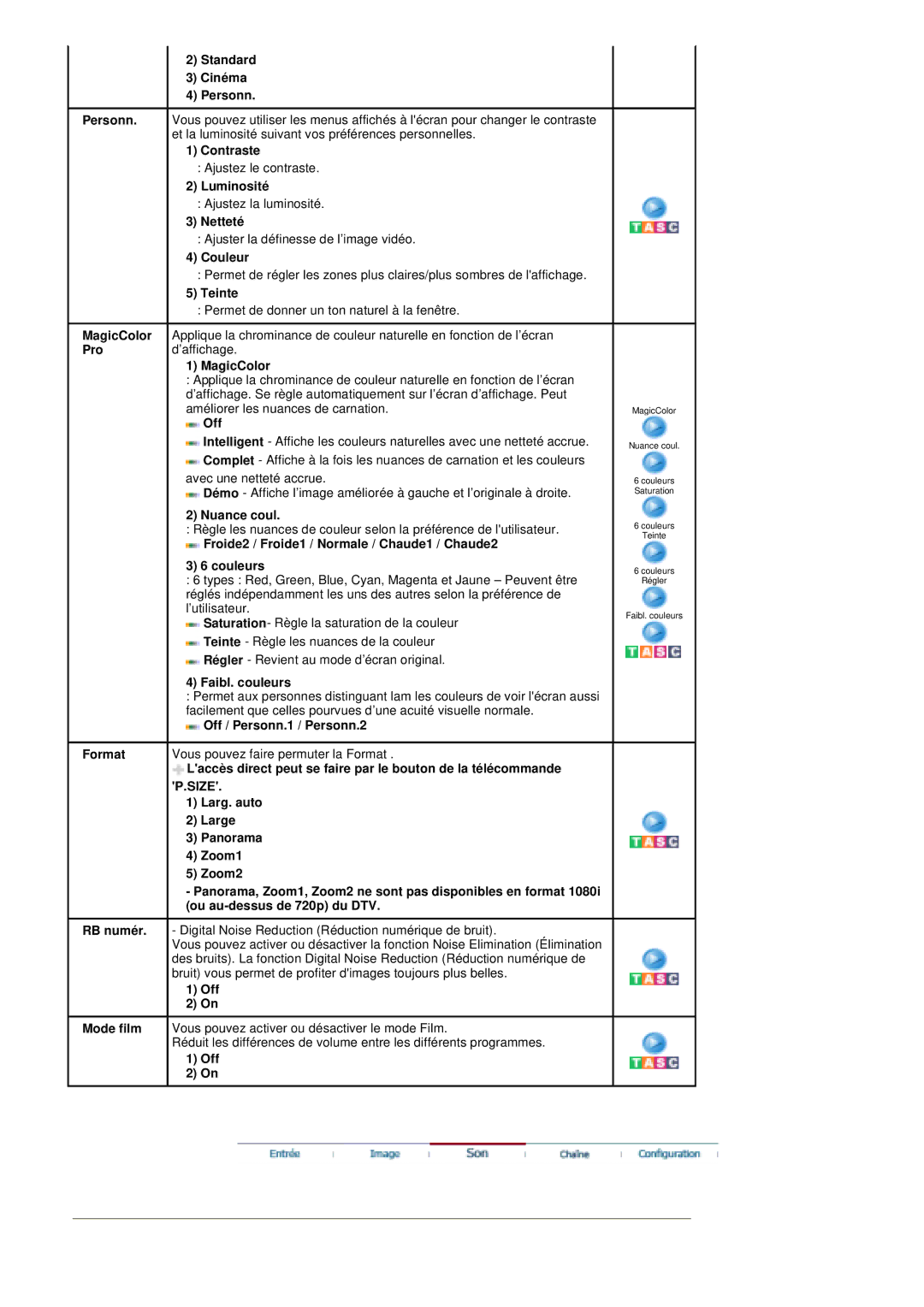 Samsung PO24FSSSS/EDC manual Standard Cinéma Personn, Froide2 / Froide1 / Normale / Chaude1 / Chaude2 Couleurs 