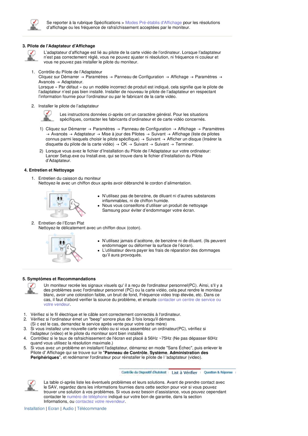 Samsung PO24FSSSS/EDC manual Pilote de lAdaptateur dAffichage, Entretien et Nettoyage, Symptômes et Recommandations 