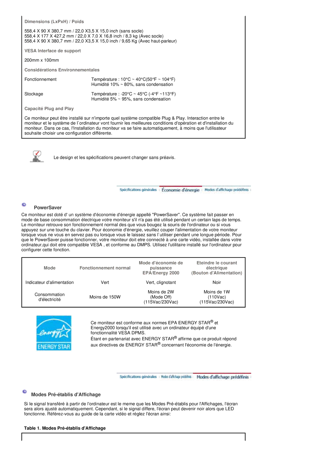 Samsung PO24FSSSS/EDC manual PowerSaver, Modes Pré-établis dAffichage 