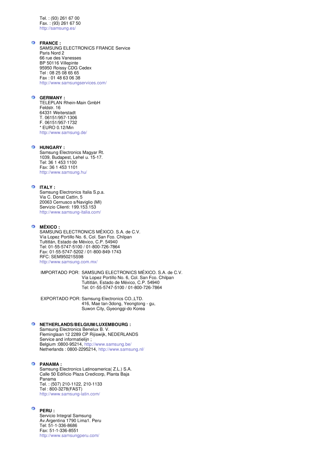 Samsung PO24FSSSS/EDC manual France, Germany, Hungary, Italy, México, Netherlands/Belgium/Luxembourg, Panama, Peru 