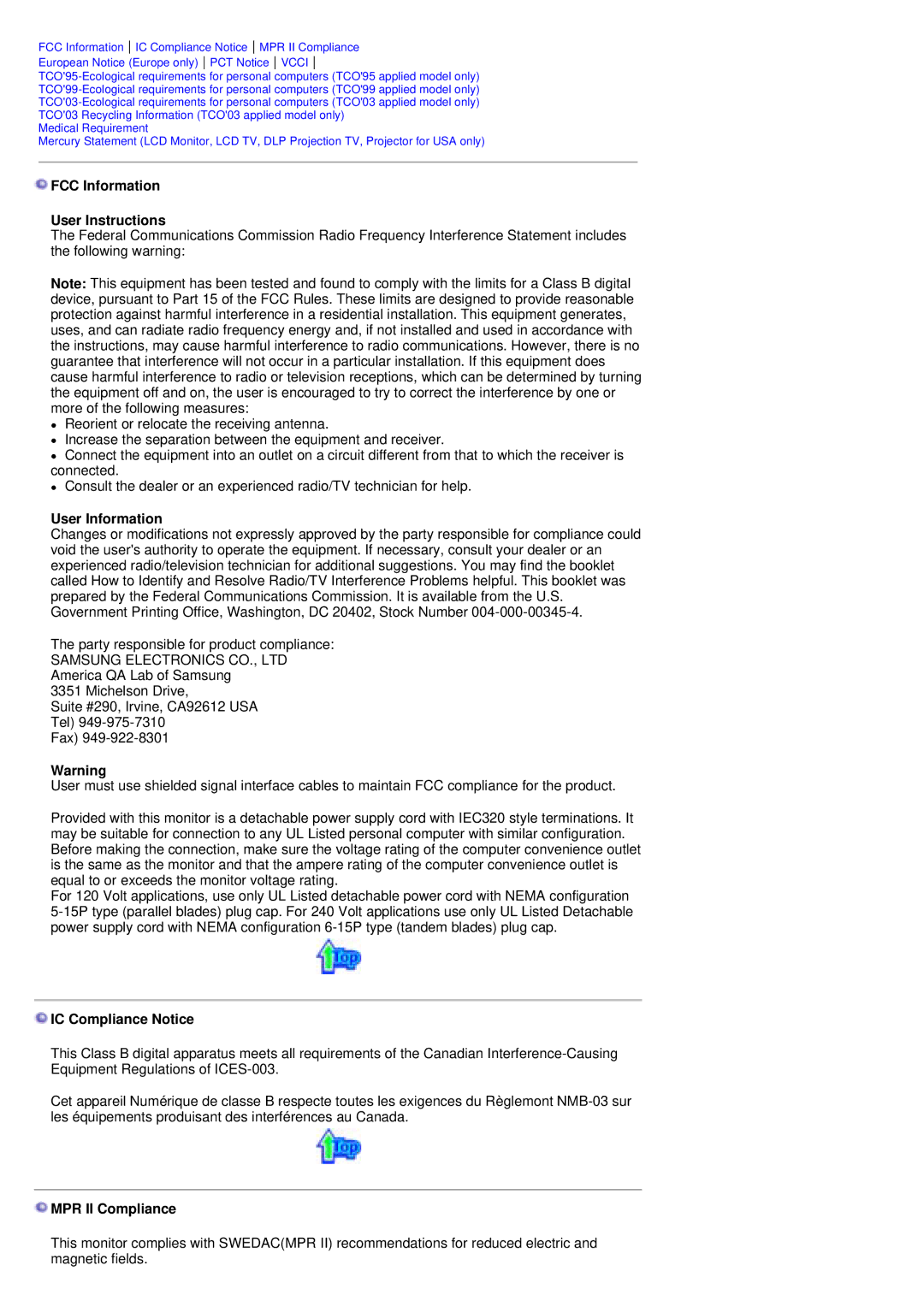 Samsung PO24FSSSS/EDC manual FCC Information User Instructions, User Information, IC Compliance Notice, MPR II Compliance 