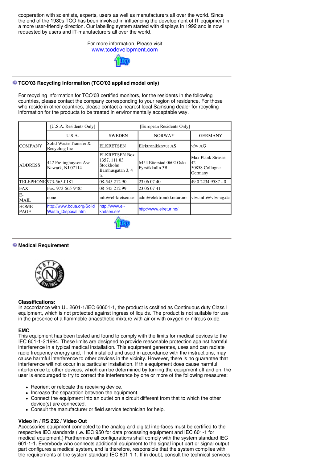 Samsung PO24FSSSS/EDC manual TCO03 Recycling Information TCO03 applied model only, Medical Requirement Classifications 