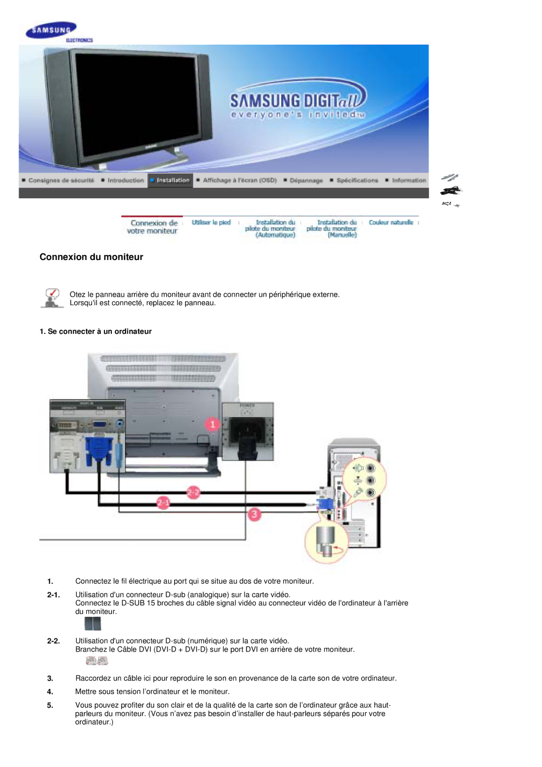 Samsung PO24FSSSS/EDC manual Connexion du moniteur, Se connecter à un ordinateur 