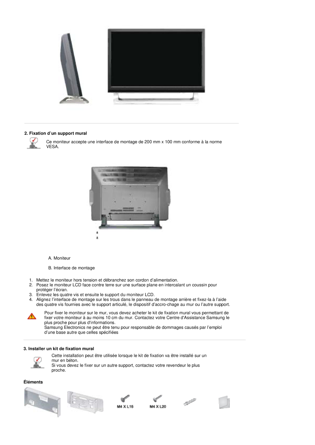 Samsung PO24FSSSS/EDC manual Fixation d’un support mural, Installer un kit de fixation mural, Éléments 