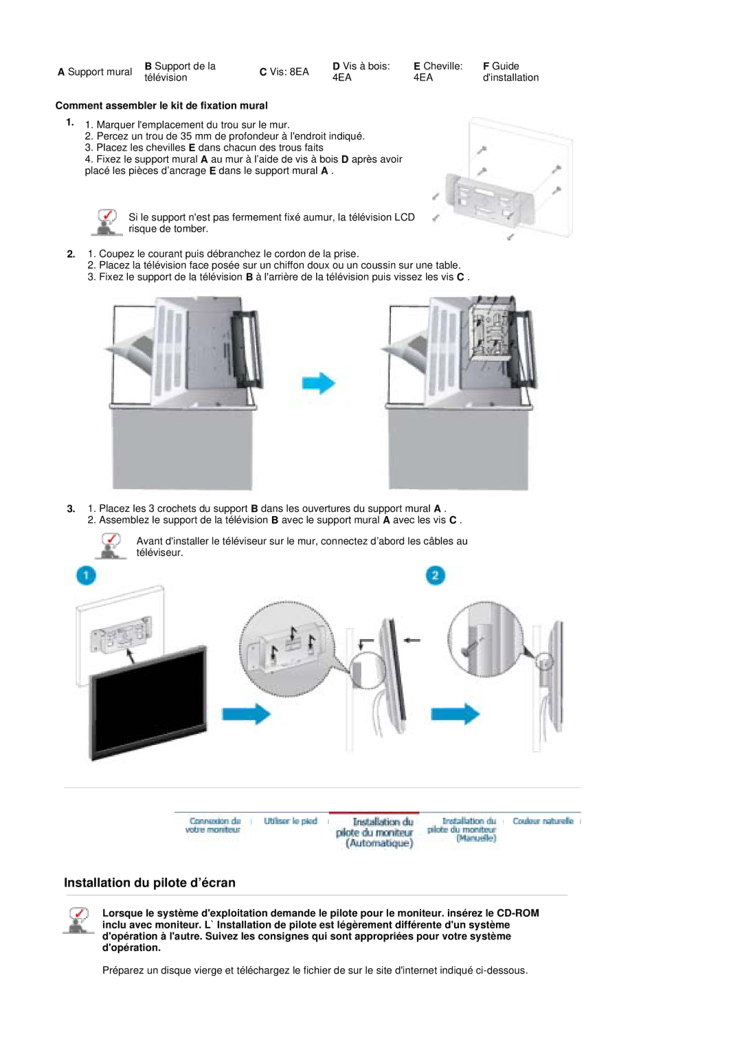 Samsung PO24FSSSS/EDC manual Installation du pilote d’écran, Comment assembler le kit de fixation mural 