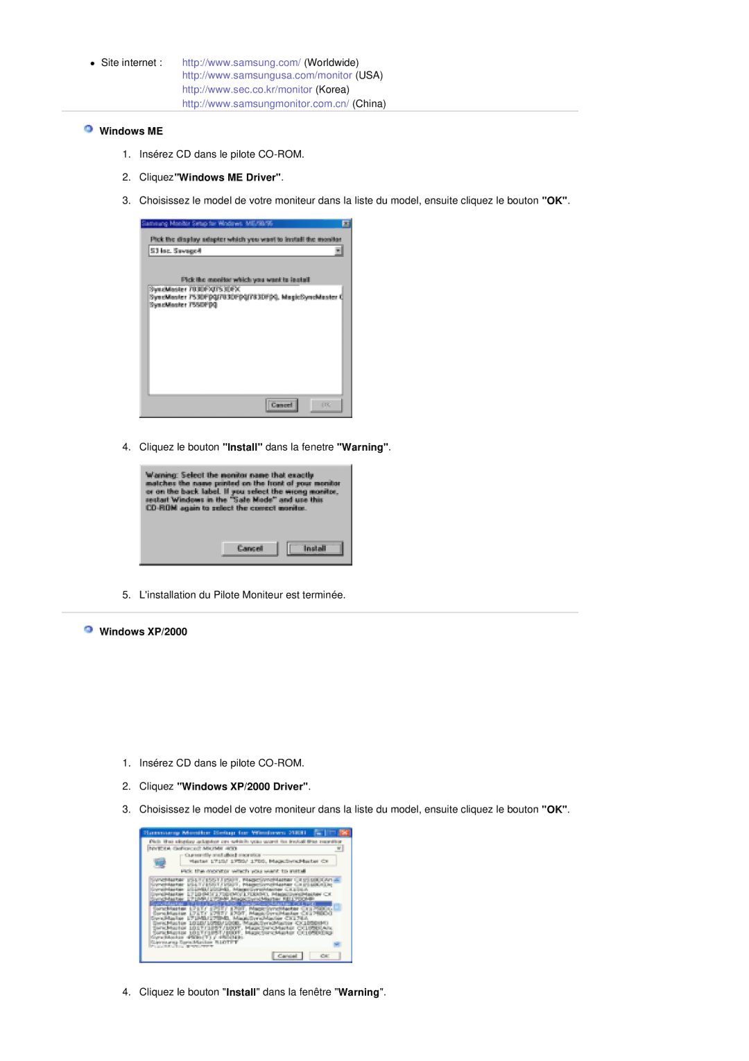 Samsung PO24FSSSS/EDC manual CliquezWindows ME Driver, Cliquez Windows XP/2000 Driver 