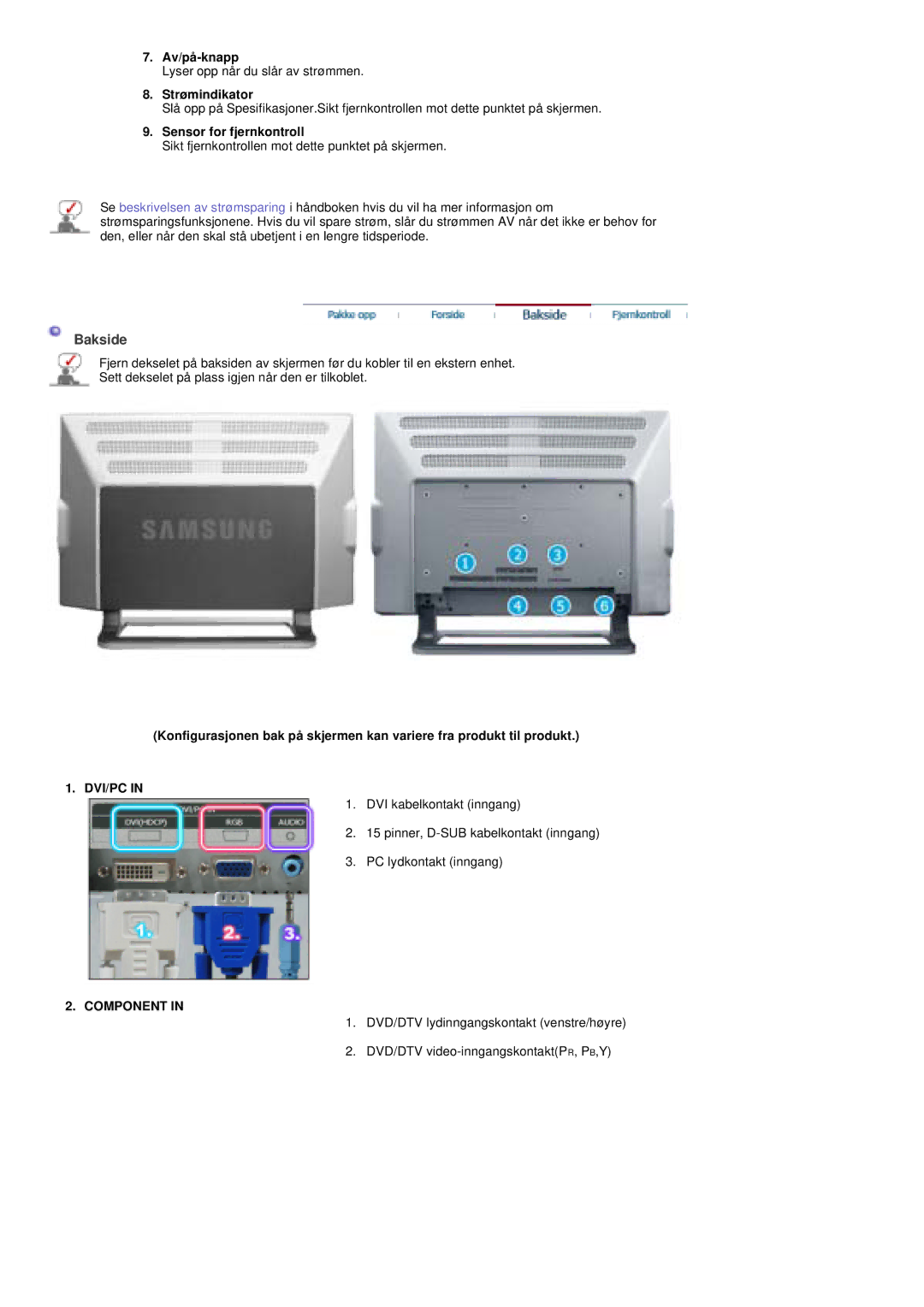 Samsung PO24FSSSS/EDC manual Bakside, Dvi/Pc, Component 