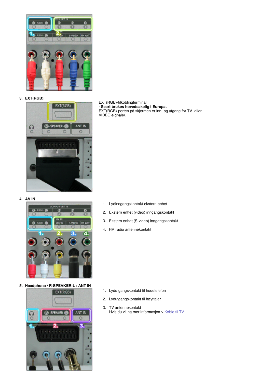 Samsung PO24FSSSS/EDC manual Extrgb, Scart brukes hovedsakelig i Europa, Headphone / R-SPEAKER-L / ANT 