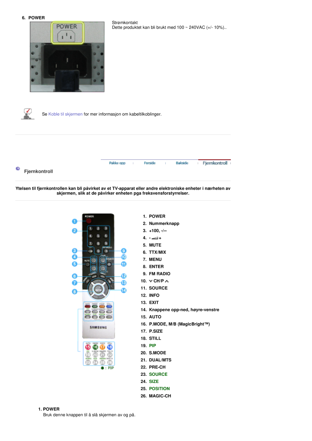 Samsung PO24FSSSS/EDC manual Fjernkontroll 