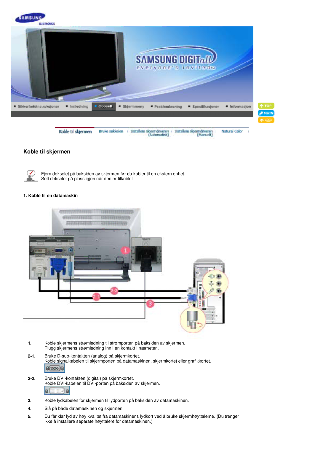 Samsung PO24FSSSS/EDC manual Koble til skjermen, Koble til en datamaskin 