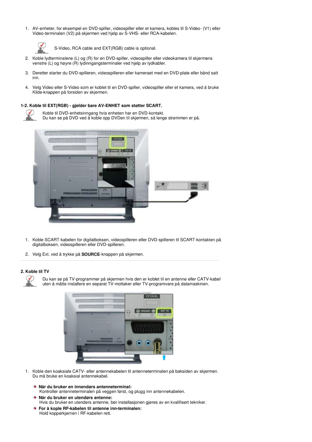 Samsung PO24FSSSS/EDC manual Koble til Extrgb gjelder bare AV-ENHET som støtter Scart, Koble til TV 